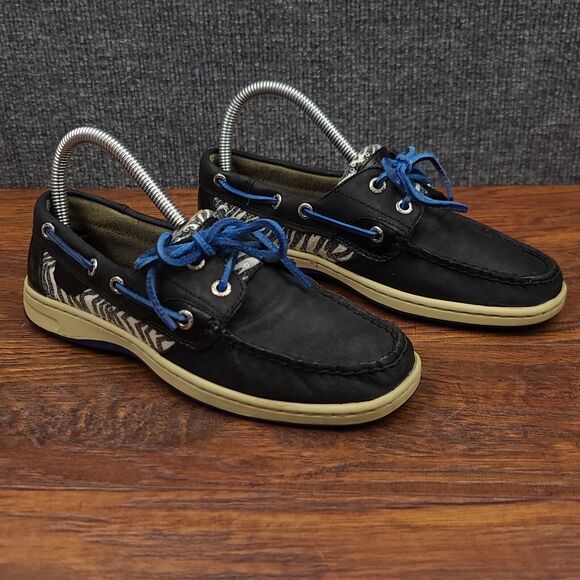 Sperry Top Sider Boat Shoes Womens 6.5 Black Leather Blue Trim Casual - Picture 2 of 13